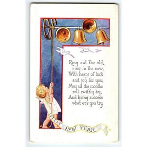Little New Year Greetings Postcard Cherub Angel Rings Golden Bells 1929 Vintage